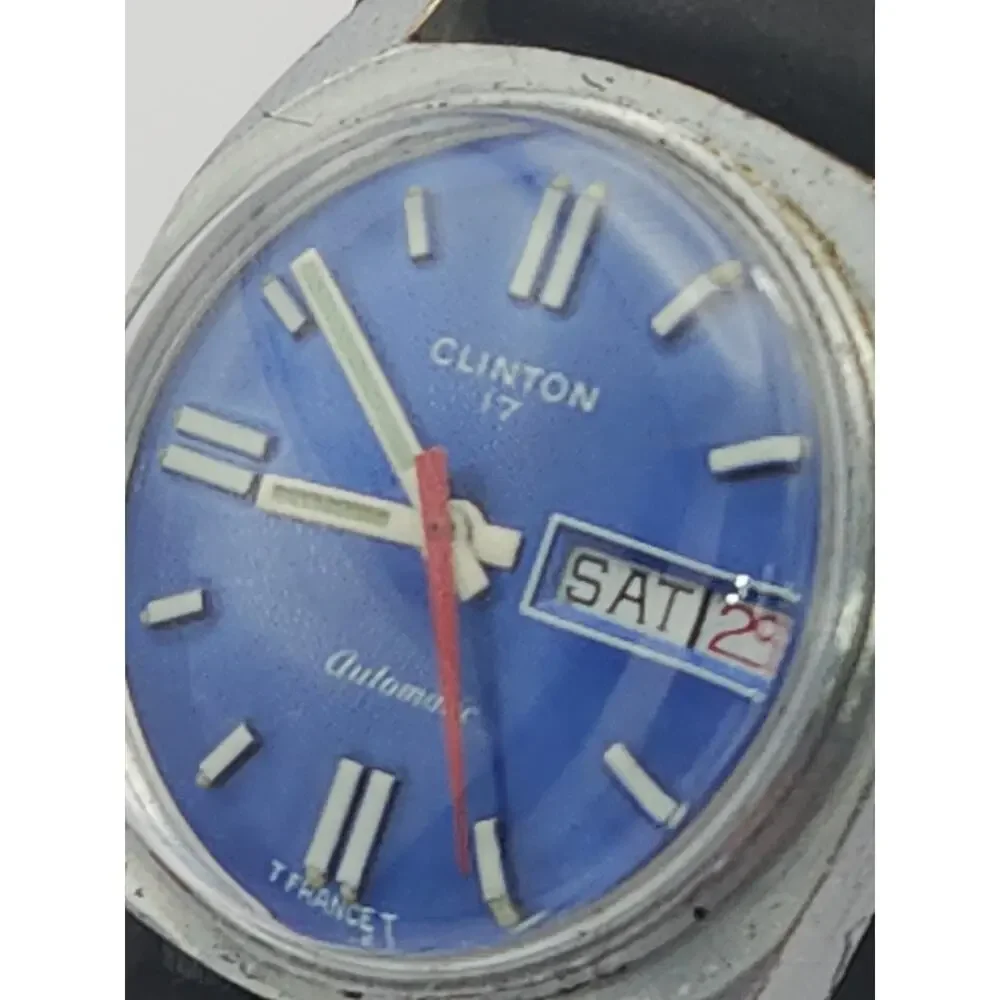 Clinton Watch Men Automatic Vintage 17 Jewels WR Day Date Blue, New Band